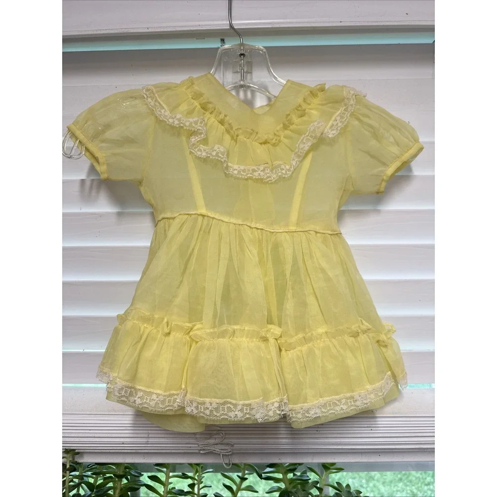 Vintage Toddler Girls‎ Yellow Sheer Dress Lace Ruffle 18-24M 2T Easter Party